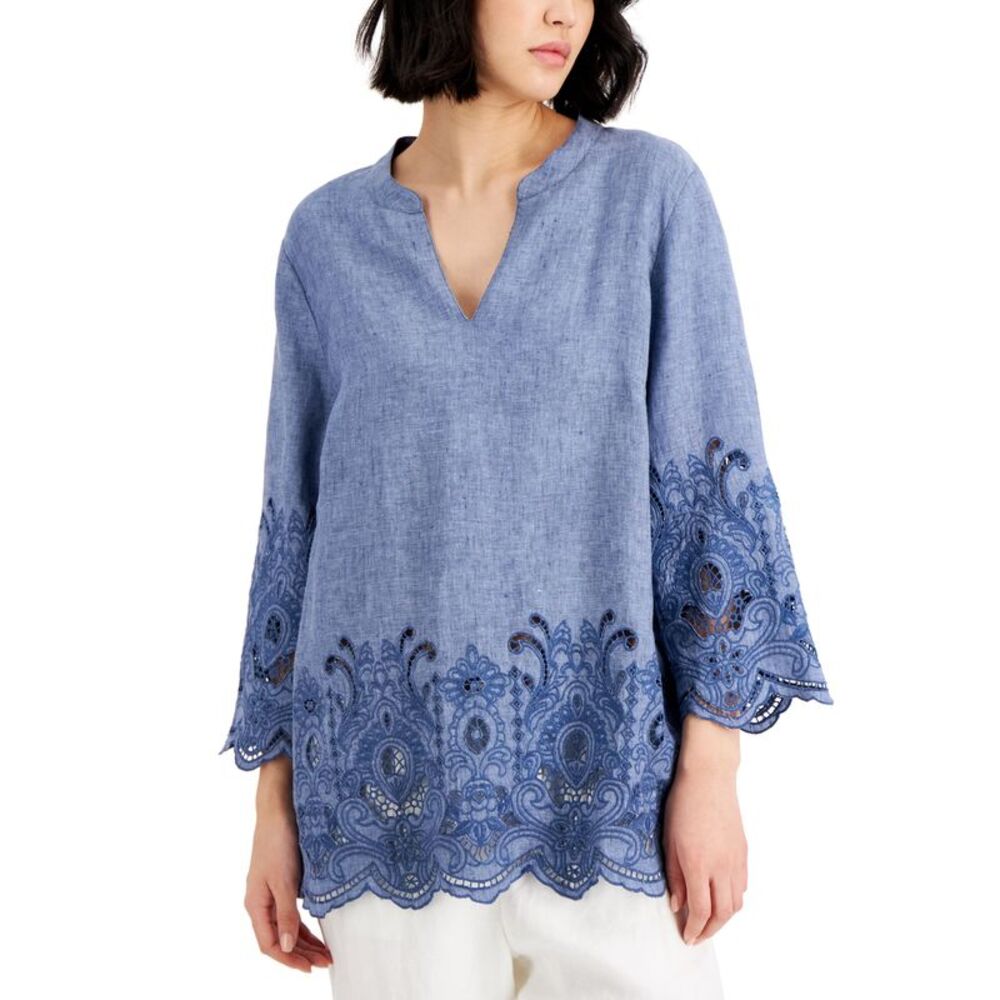 Charter Club Linen Embroidered Hem Tunic